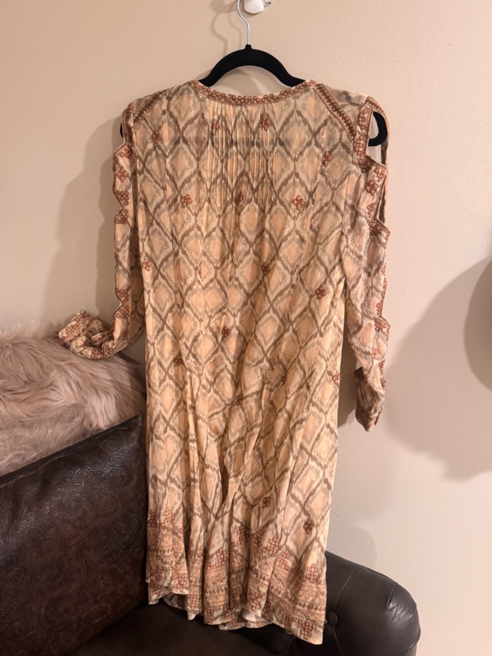 Boho Embroidered Cold-Shoulder Tunic Dress - Beige & Rust - Picture 2 of 8